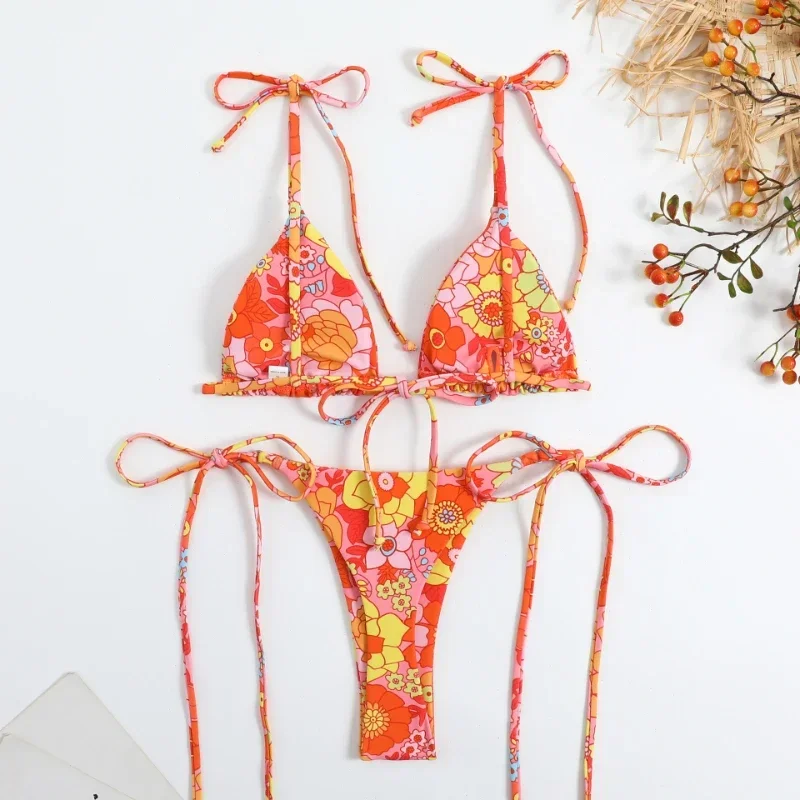 Sexy Flower Print Bikini 3 Women Swimsuit Female Swimwear Thong Bikinis Set Brazilian Halter Beach Wear  Bathing Suit