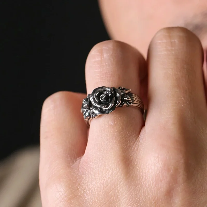 Buyee 925 Sterling Silver Flower Ring Finger Excellent Rose Open Ring for Woman Man Fashion Gray Ethnic Fine Jewelry Circle