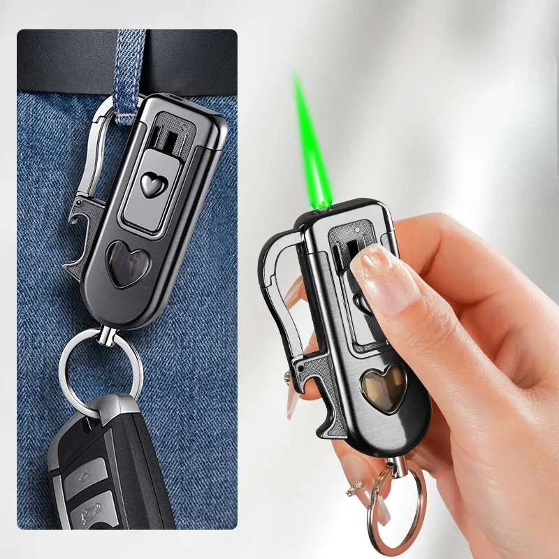 

Multifunctional Portable Keychain Windproof Jet Green Flame Butane Gas Lighter Portable Bottle Opener Inflatable Lighters Gadget