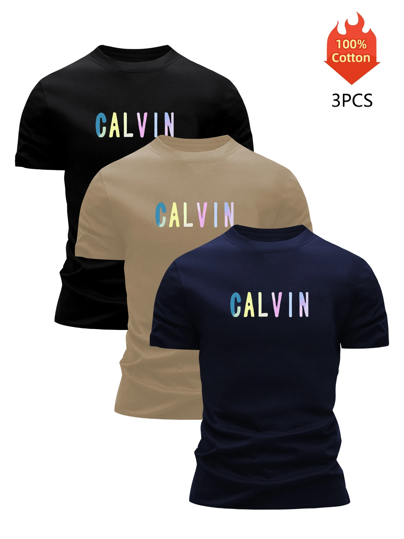 Printed T-Shirt 3 Pack Men's 100% Cotton Graphic Tees Funny Summer Blouse Casual Breathable Cool Luxury High Quality Clothing