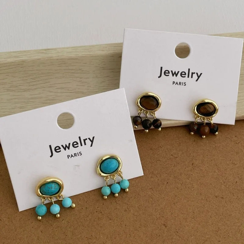 Bohemia Real Gold Plated Copper Dangle Earrings For Women Natural Stone Tiger Eyes Kallaite Tassel Wholesale Daily Jewelry