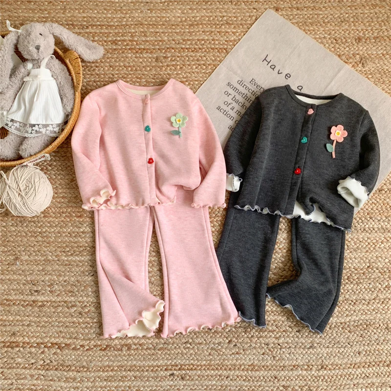 

Girls Fleece Cardigan Sets Autumn Spring Kids Sweet Coats+Flared Pants 2Pcs Suits Baby Long Sleeve Outfits Children Clothing