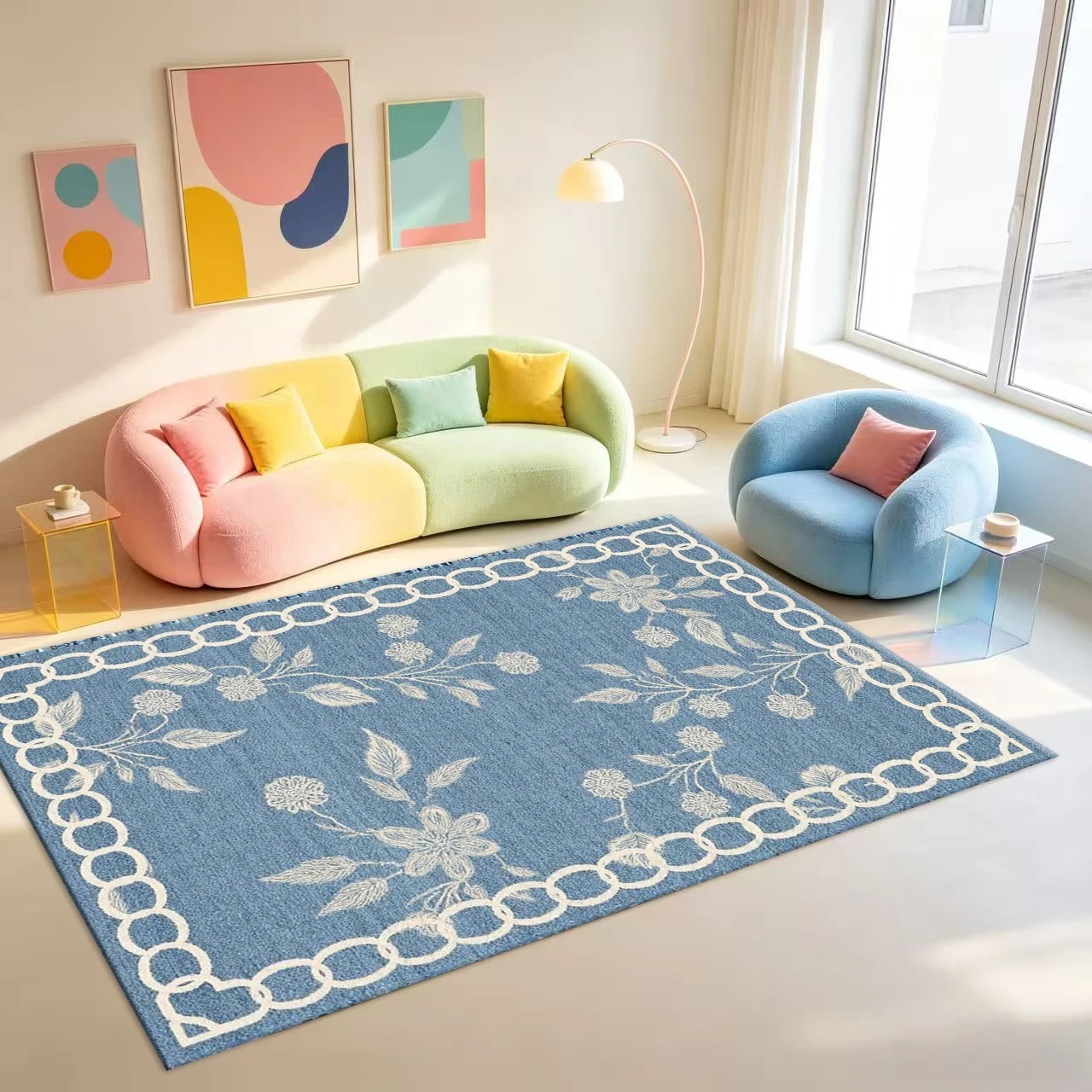 Blue Background with White Floral Chain Border Carpet Floor Covering Classic Botanical Style Home Floor Carpet