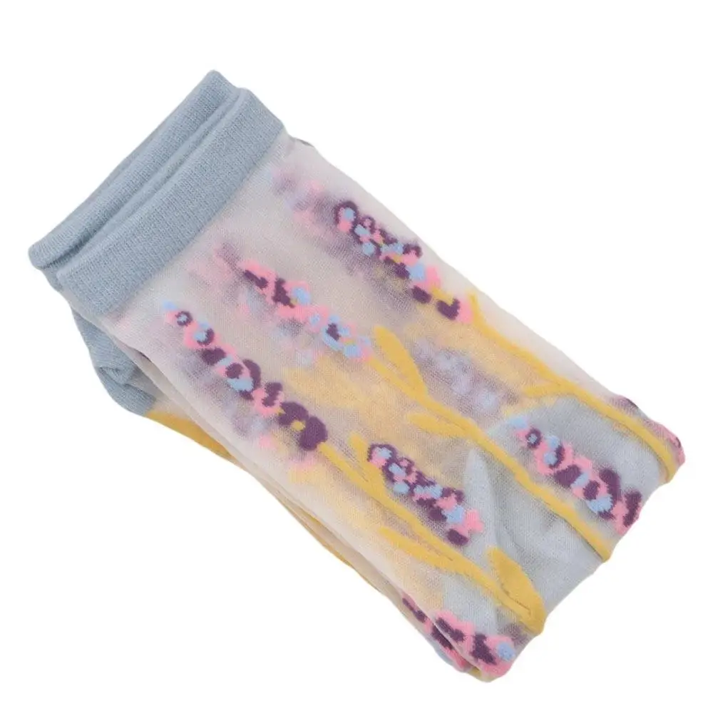 Calcetines de seda de cristal de malla coreana con bordado transparente ultrafino, calcetines de tubo medio, calcetines de mujer, calcetines de flores, medias florales