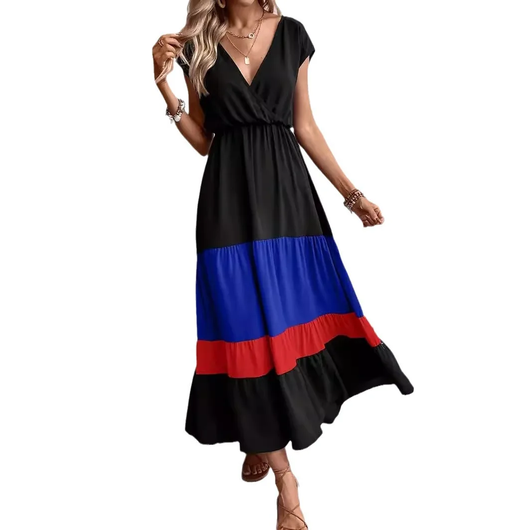 New Pleated Dress V-neck Pressed Color Matching Dress Casual Loose Waist Long Wide Dress