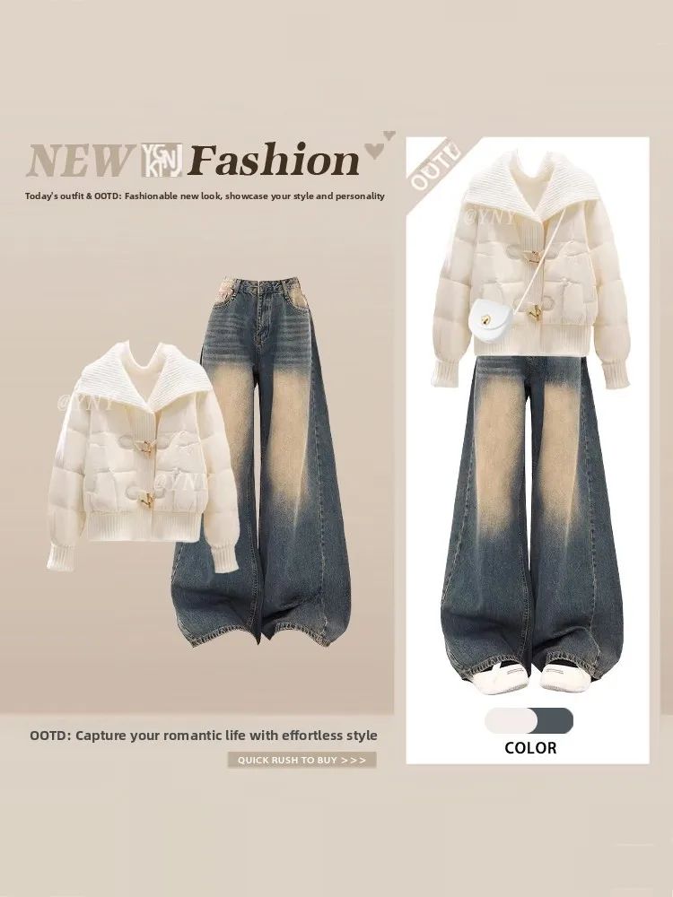 

Зимний хлопковый джинт, женские свободные джинсы с высокой талией, комплект из двух предметов, золотые пуговицы, модная повседневная одежда, роскошный Sle