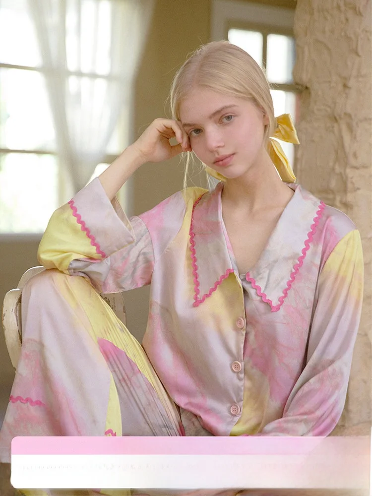 Zhang Yuxi RooMance Dyed Ice Silk Sleepwear Women's Long Sleeve Home Clothes Two-Piece Set Comfortable Lightweight Summer Nig...