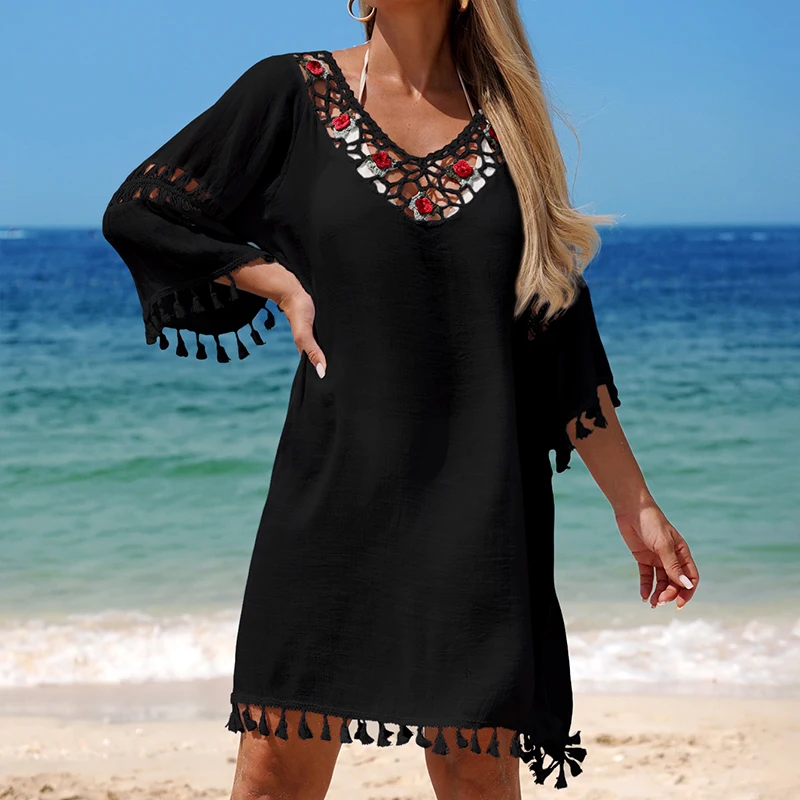 ชุดคลุมบิกินี่แบบโปร่งใสลายปะติดปะต่อแบบแฮนด์เมด ตกแต่งด้วยลายดอกไม้ แฟชั่นลำลอง สไตล์หลวมๆ ชุดว่ายน้ำสำหรับผู้หญิง