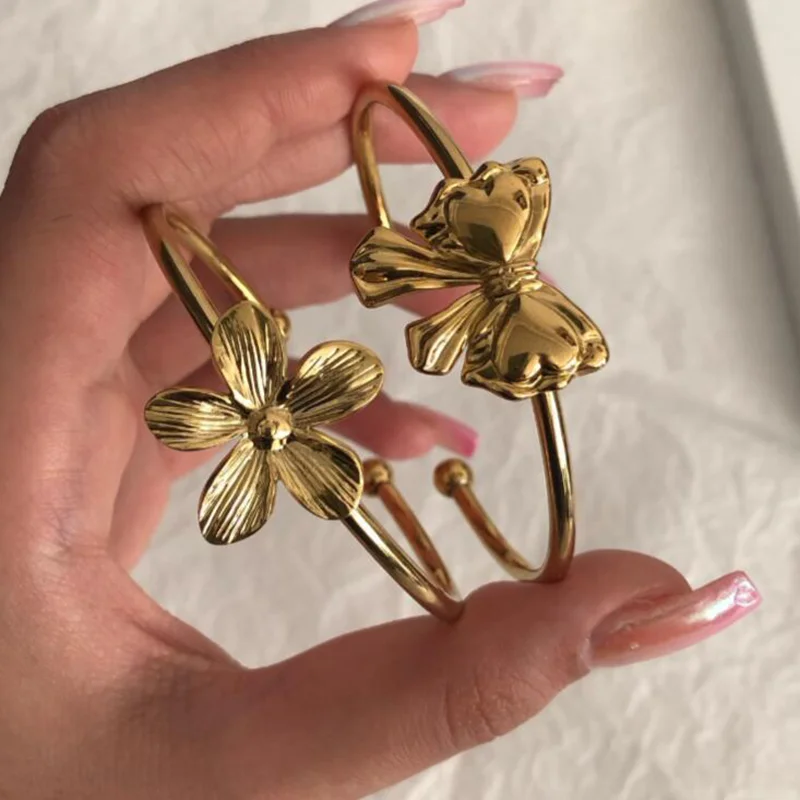 2pcs Vintage Gold Color Flower Bowknot Open Cuff Bangle Set for Women Minimalistic Elegant Design Bracelet Set Charm Jewelry
