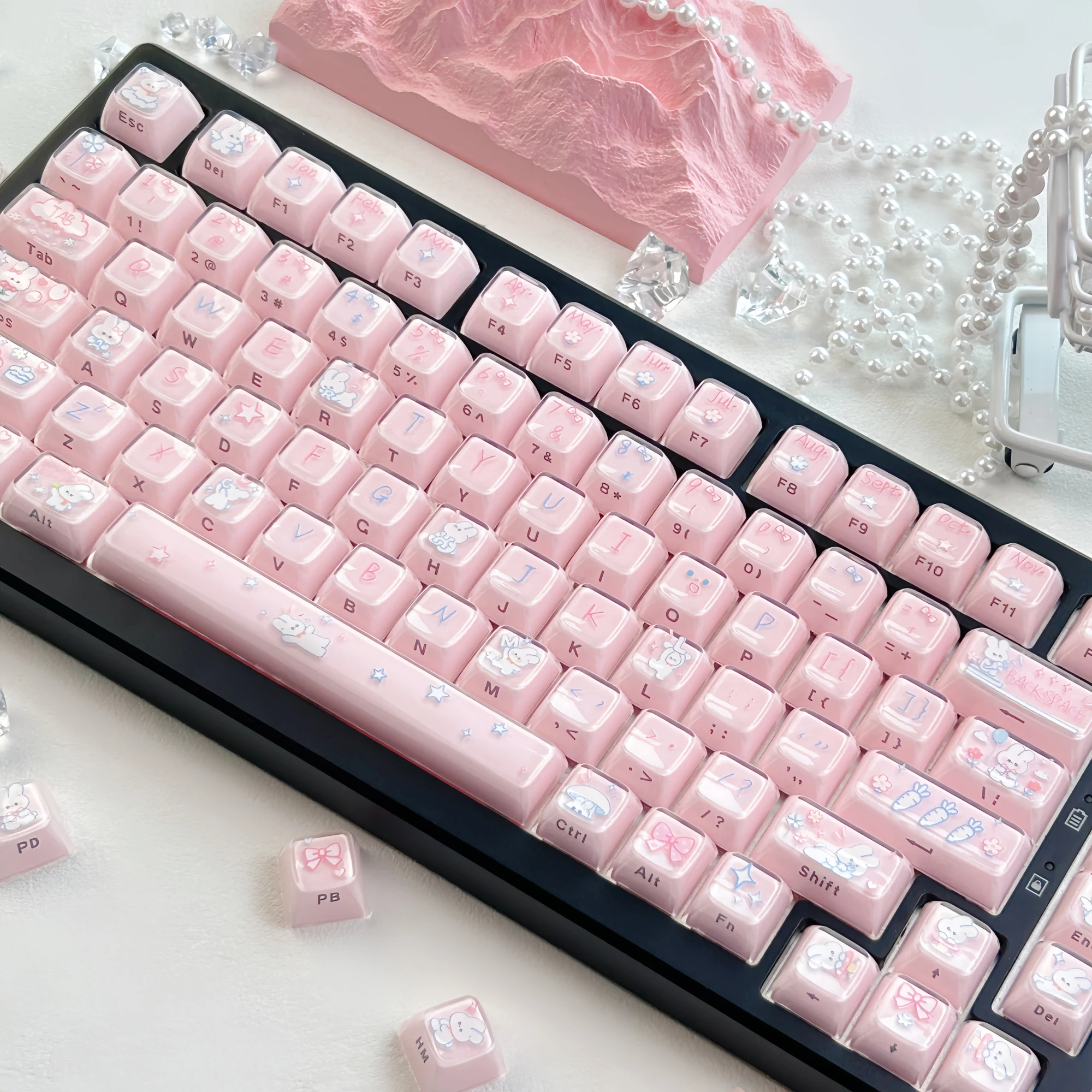 MAIMOOO Pink Crystal Jelly Keycaps MDA Profile 113Keys Cartoon Cute Rabbit PC Personalized Keycaps for Mechanical Keyboard