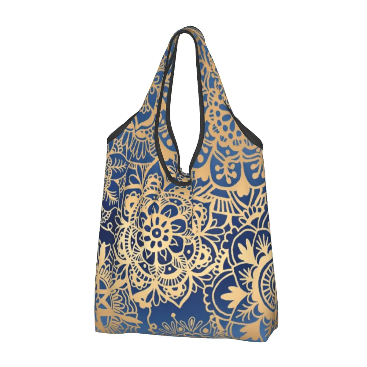 Recycling Blue Gold Mandala Shopping Bag Women Tote Bag Portable Buddhism Flower Groceries Shopper Bags