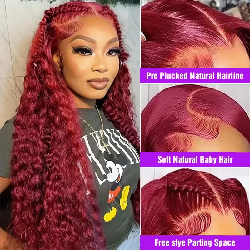 200 Density 99j Burgundy Deep Wave Wig 30 Inch 13x4 Hd Lace Frontal Wig 100% Curly Human Hair Red Colored Deep Wave Frontal Wig