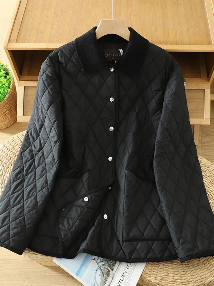 Classic Diamond Quilted Barn Style Cotton Jacket Women Winter Loose Fit Cotton Padded Warm Color Block Collar Cotton Coat