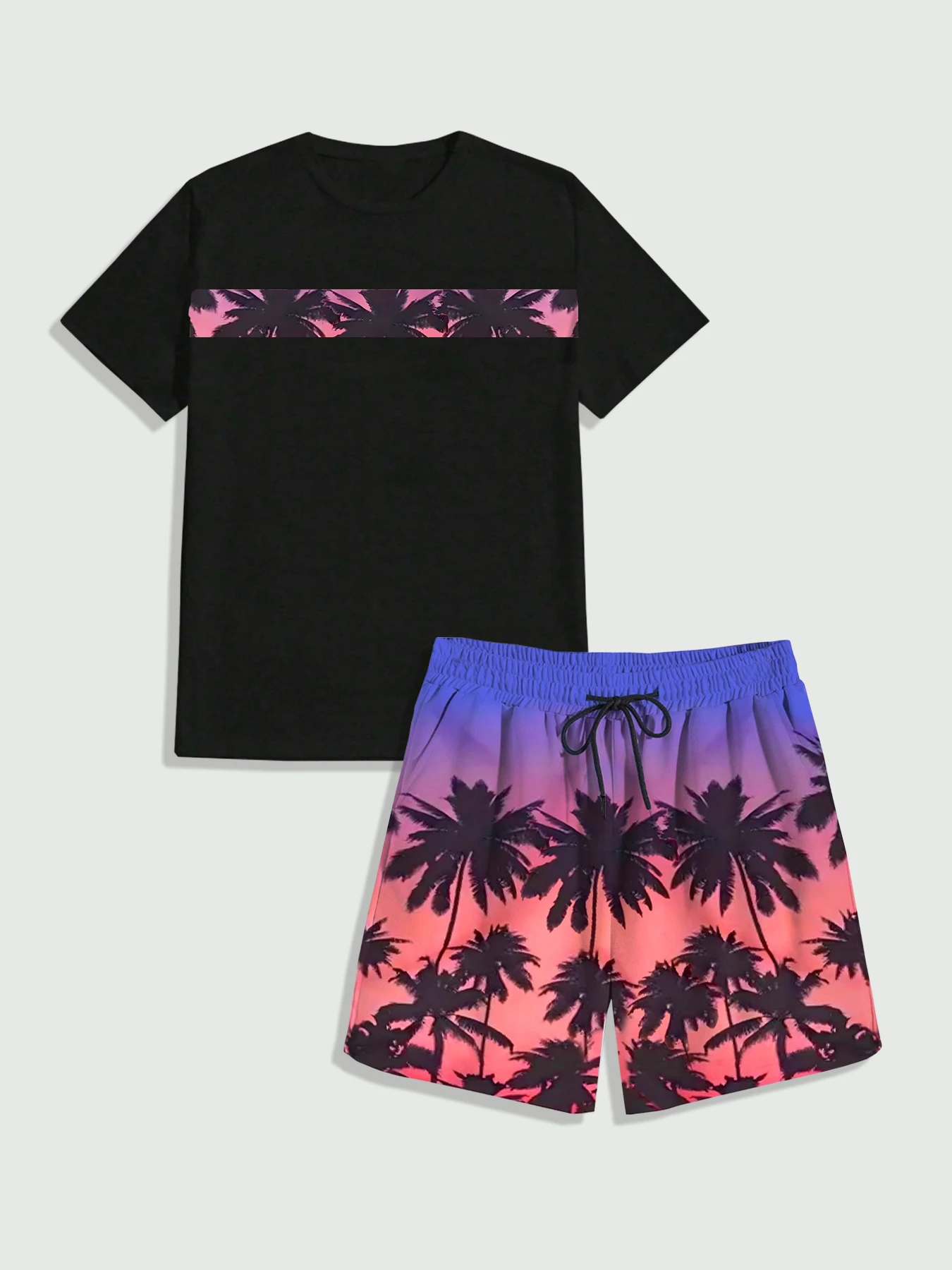 

Men's summer short-sleeve T-shirt and shorts set with sunset and coconut tree prints suitable for vacation leisure and daily wea