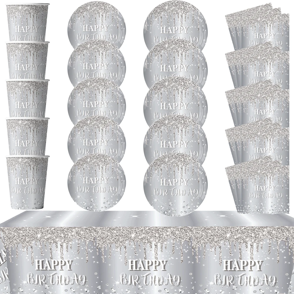 Silver Birthday Theme Birthday Decorations Party Disposable Tableware Paper Napkins Cups Plates Tablecloths Straw