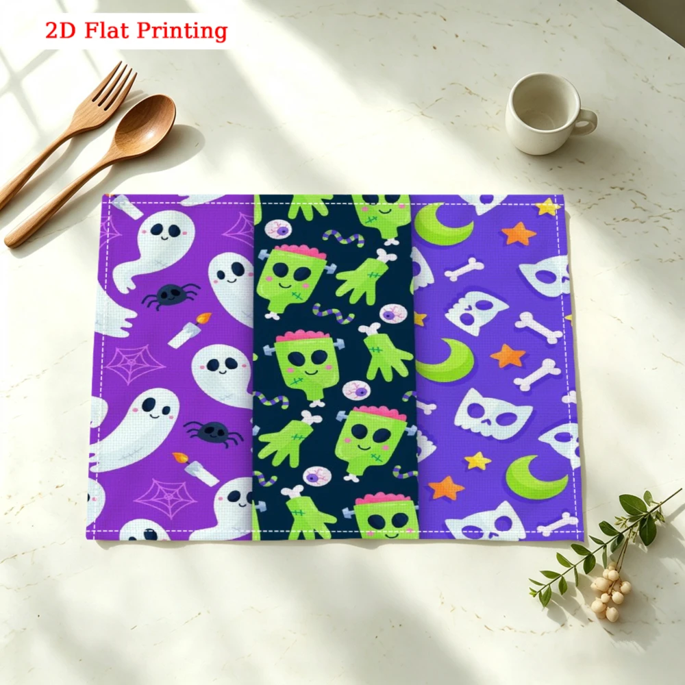 1pc Halloween Placemat Purple Green Ghost Zombie Skull Print Table Mat For Dining Kitchen Home Decor Party Use 30x40cm