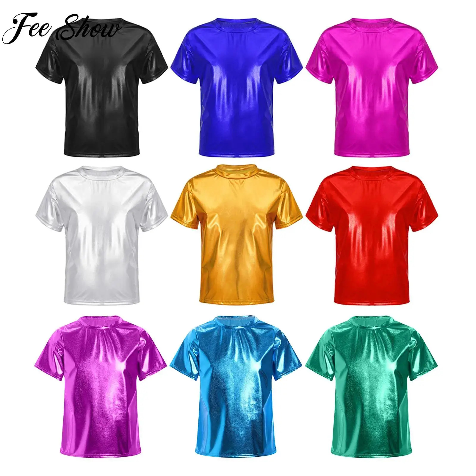 Children Metallic Shiny Top Short Sleeve Round Neck T-shirt for Kids Girls Boys Jazz Hip Hop Modern Dance Party Performance Tops