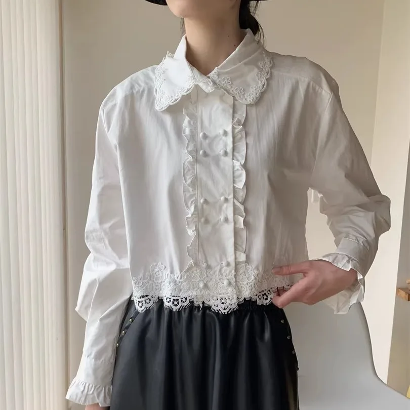 

2026 Spring New French Lace-Stitched Ears Long-Sleeve Shirt for Women, Short Design, Sweet Double-Breasted Top