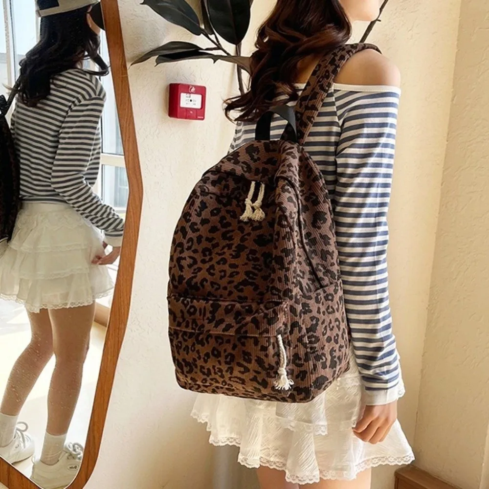 Corduroy Leopard Print Backpack Harajuku Lightweight Students School Bag Large Capacity Korean Style Students Daypack Work