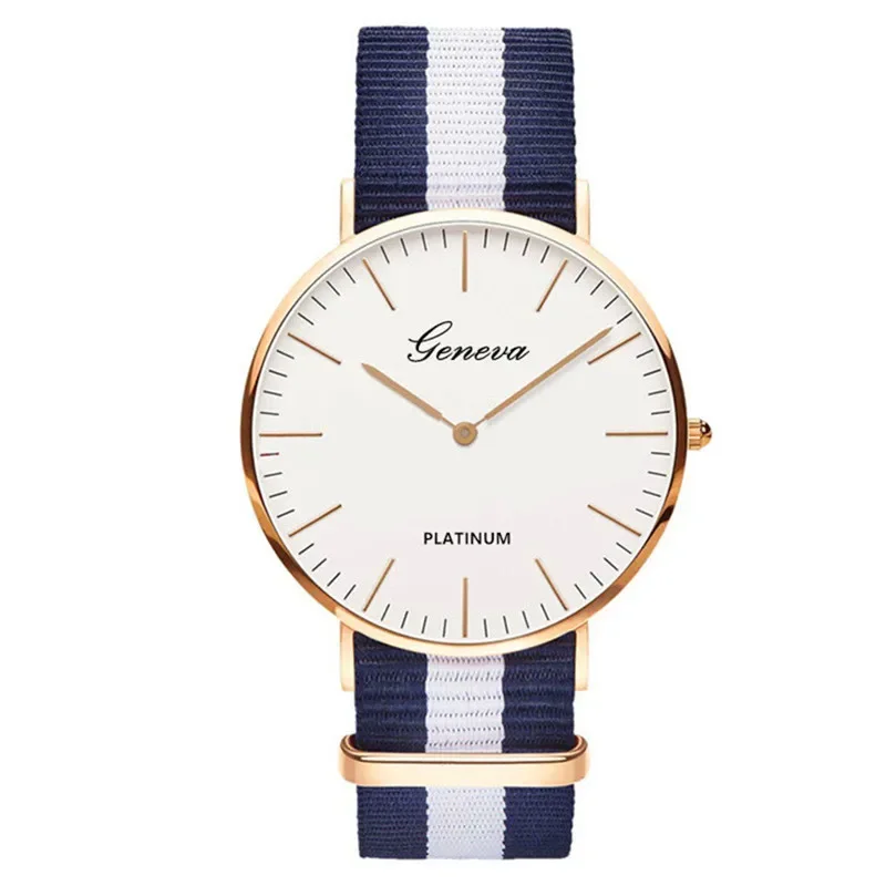 Reloj clásico a la moda con banda de nailon a rayas para mujer, reloj de pulsera de cuarzo de marca de lujo para hombre, reloj para mujer, simplicidad Neutral Simple