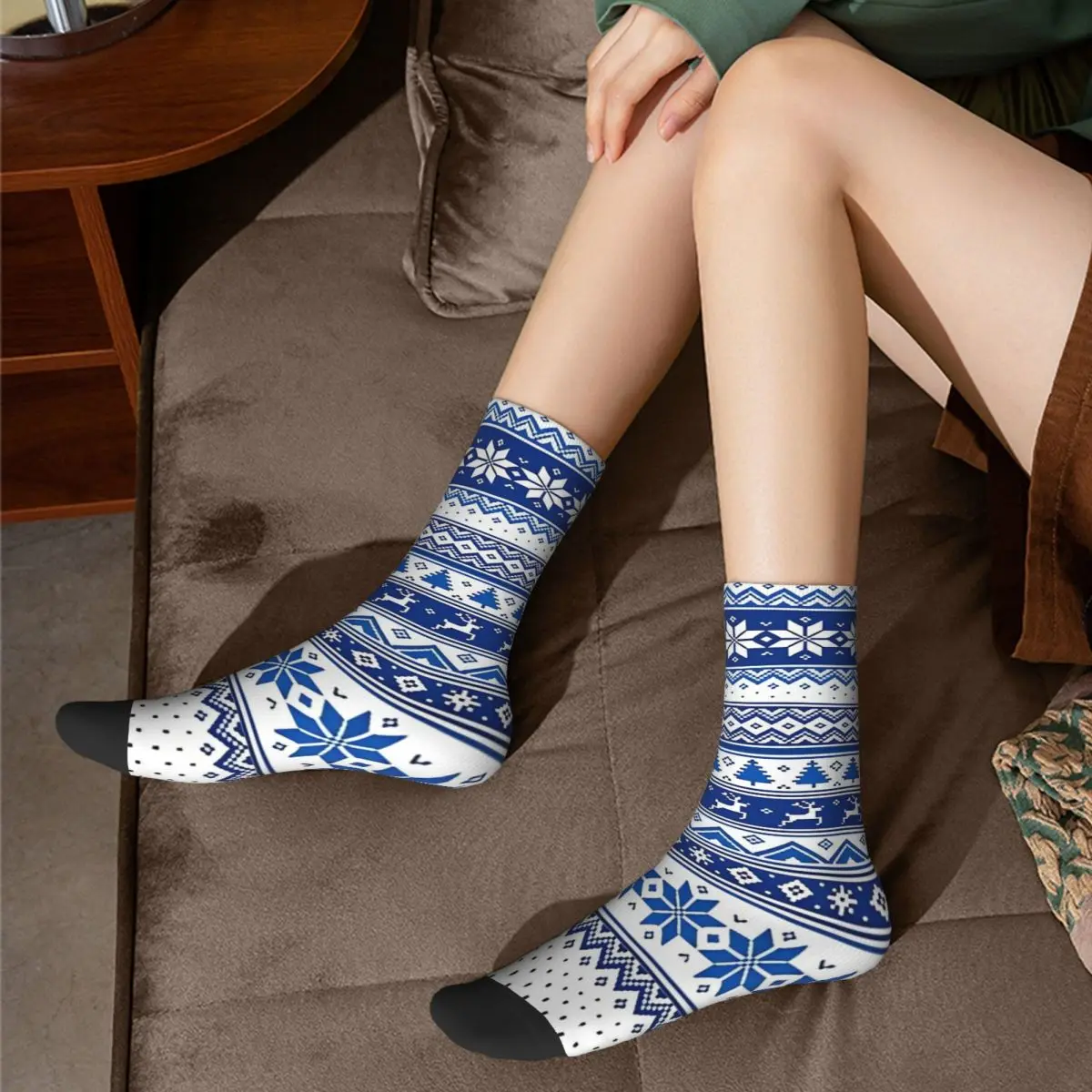 Nordic Scandinavian Winter Blue Deer Socks Men's Women's Polyester Fashion Christmas Socks Spring Summer Autumn Winter Socks