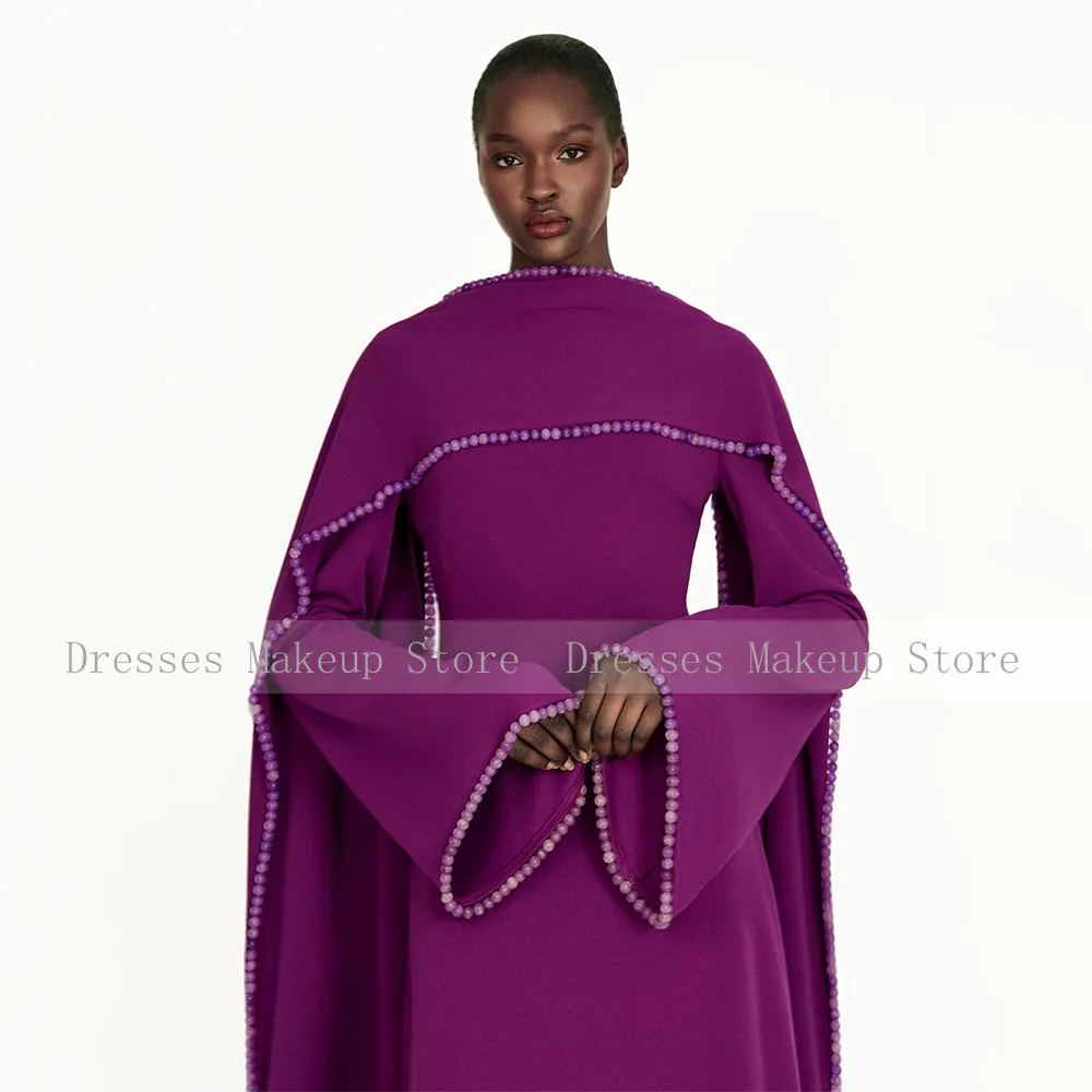 Modest Evening Dress Purple Pearls O Neck Long Sleeves 2025 Women's Evening Gowns Long A Line Formal Party Dresses with Scarf image 5