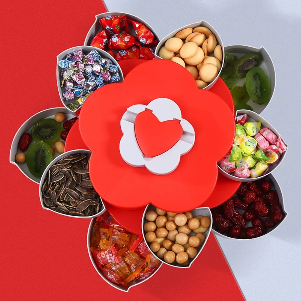 Customizable Dried Fruit Plate 2-layer Rotating Petal Candy Box Dust-proof Plastic Snack Tray with Phone Holder Jewelry