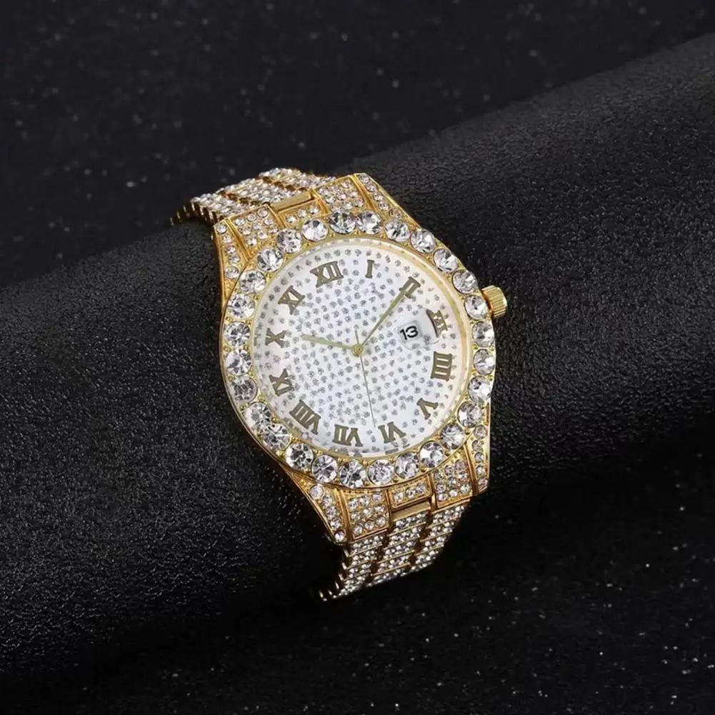 Women Watch Shiny Rhinestone Inlaid Stainless Round Dial Quartz Movement Color Matching Decorative Lady Wristwatch Jewelry