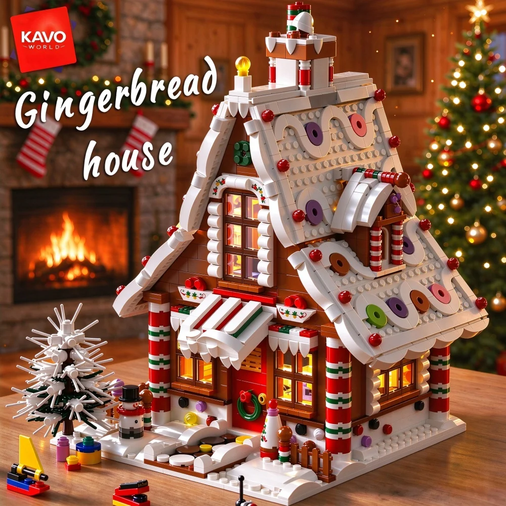 KAVOWORLD 1614PCS Christmas Gingerbread House Building Blocks Set DIY Winter Village Construction Toy with LED Light Bricks Model Kit Holiday Home Decor Collectible Tabletop Display Family Activity Xmas Gift for Adults Teens New Year Couples Birthday Fun