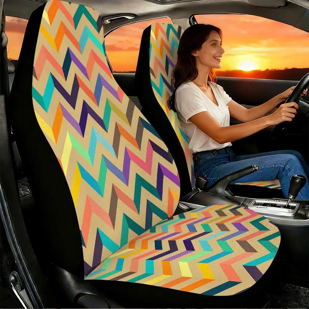 2pcs Colorful Chevron Pattern Car Seat Covers Suitable For Front Seats, High Back Design, Material, Suitable For Cars, SUVs And