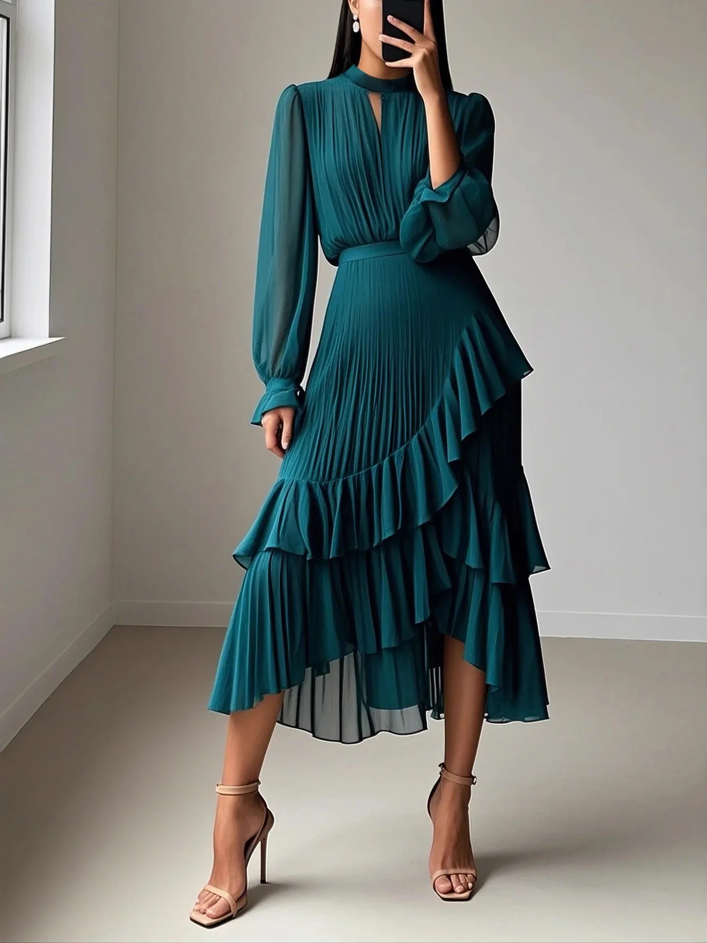 Ele Deep Blue Pure Color Midi Dr with Pleats And Lace Hemline Lady's Faionable European Sle Long Sve Dr