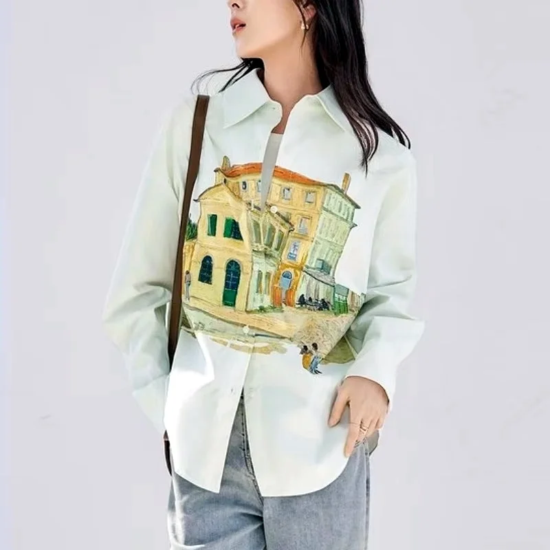 

New Runway British Loose Shirts Blouses Long Sleeve Women Designer 3D Painting Printed Shirts Elegant Blouses Tops NZ139