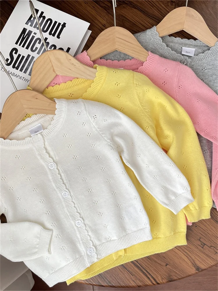 Spring Autumn Baby Girl Knitted Open Cardigan Thin Outerwear Faionable Top for Little Girls Soft Long Sve round Ne Silk
