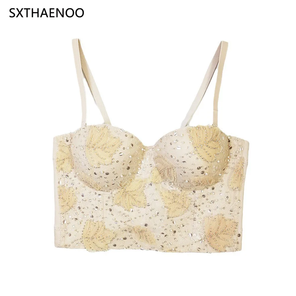 SXTHAENOO 2024 Summer Apricot Fashion Mesh Push Up Bralet Women's Corset Lace Bustier Bra Night Club Party Sexy Cropped Top Vest