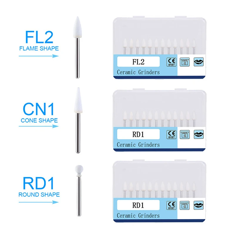 

12 Pcs/Box Dental Polishing Stone White Dentistry Tools Flame Cone Round Shape Porcelain Resin For Handpiece Burs