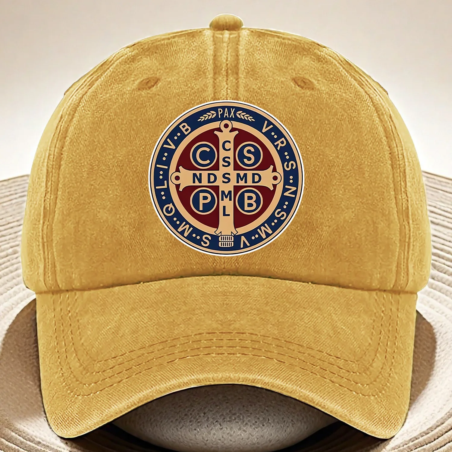 Adjustable Mustard Yellow St. Benedict Cross Baseball Cap - Lightweight, Breathable Polyester with Navigational Symbols