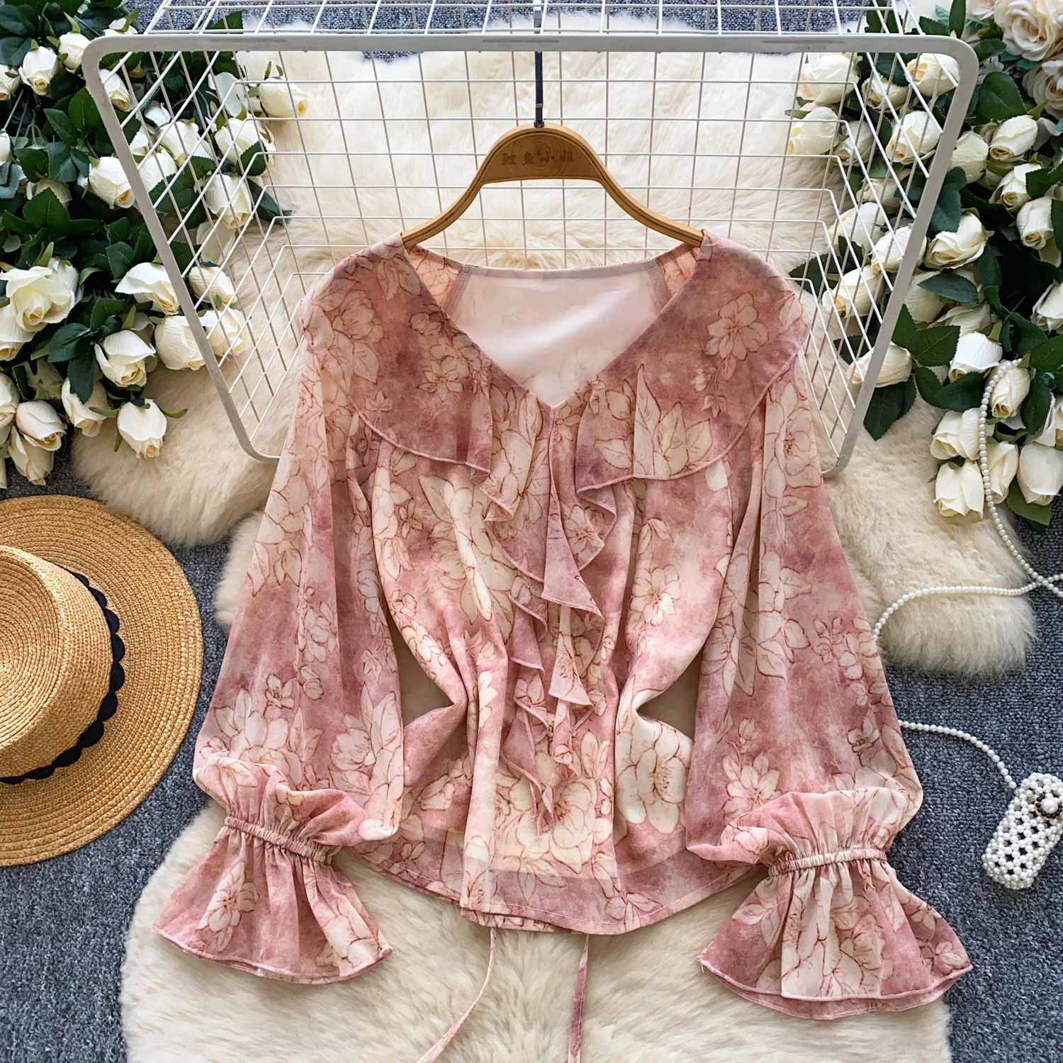 

Sexy long sleeve flare sleeve ruffle print slim Tanks Chic Women Party Top Y2k High Street women clothing