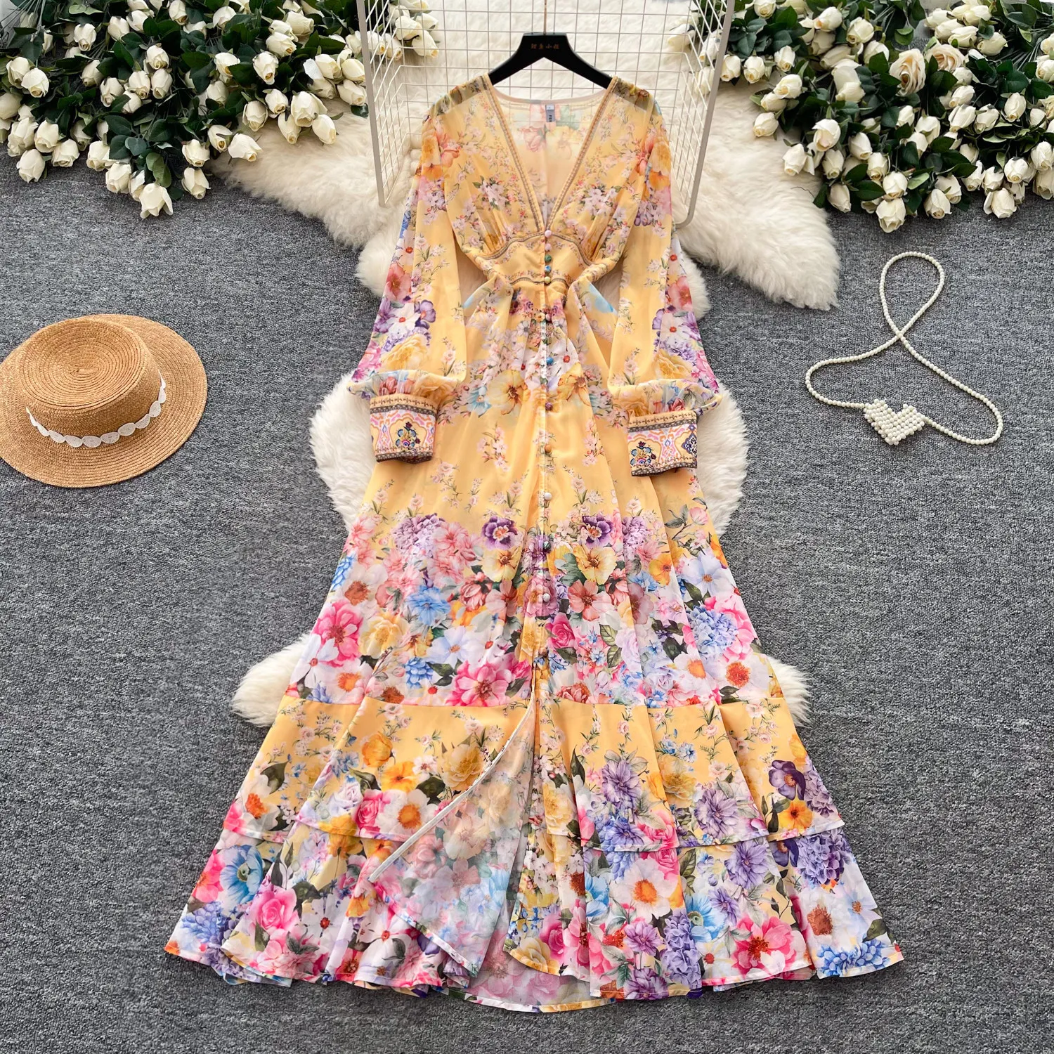 

Long Dress Women Dresses A Line Vestidos Y2k Streetwear V Neck Flare Sleeve Elegant Splice Party Night Print Floral Summer 2026