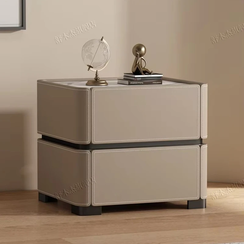 

Italian Luxury Night Table Drawer Modern Nordic Storage Bedside Table Trendy Wood Leather Simple Bedroom Furnitures