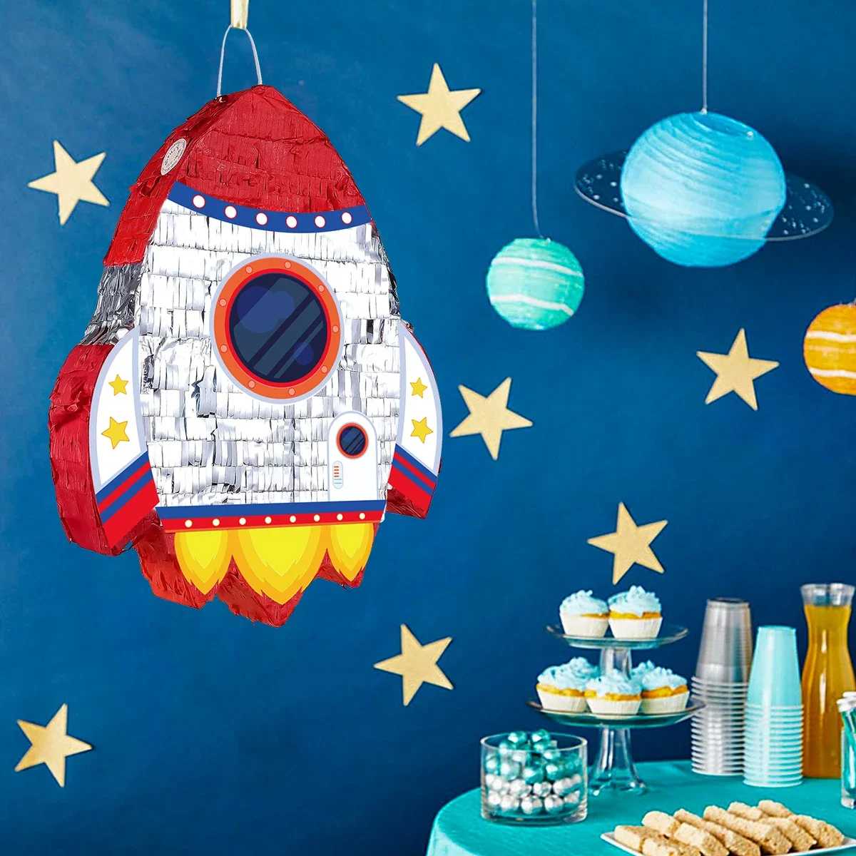 1Set Outer Space Rocket Theme Pinata Bundle with Blindfold Stick for Kids Boy Birthday Baby Shower Party Decoration