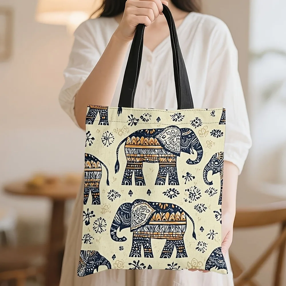Large Capacity Reusable Elephant Print Tote Bag Bohemia Style Women Shoulder Handbag Multi-Functional for Daily Use Shopping Bag