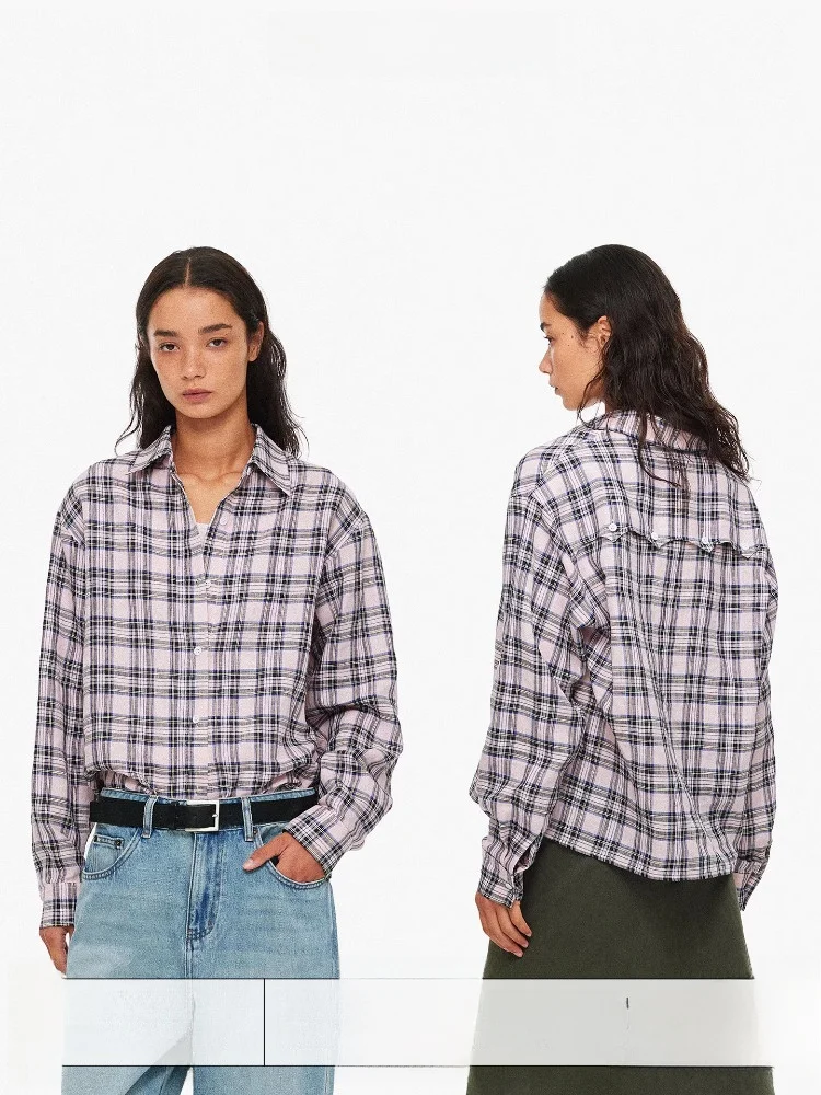 

Age of Ascent Classic College Vintage Plaid 00% Linen Loose ort irt Women's Skin-friendly Breathable Long Sve irt