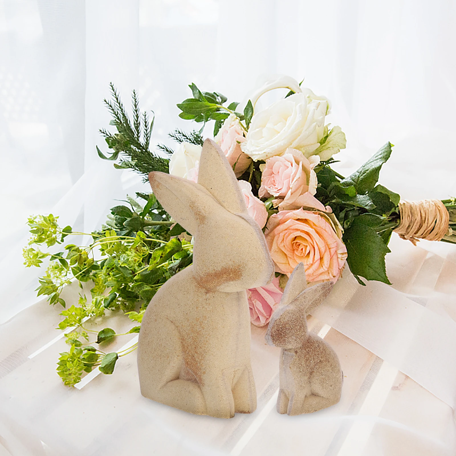 

4pcs Wooden 3D Bunny Figurines Sculpture Unpainted Animal Figures Home Office Decor Beige Hand Carved Bunny