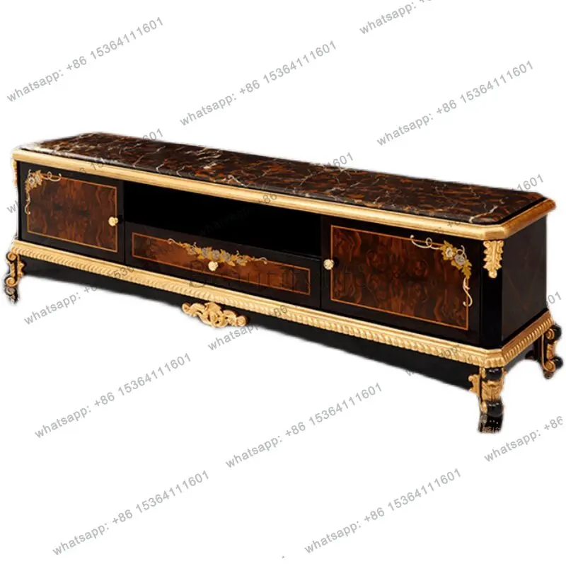 

French solid wood TV cabinet veneer parquet large apartment marble audio-visual cabinet living room furniture