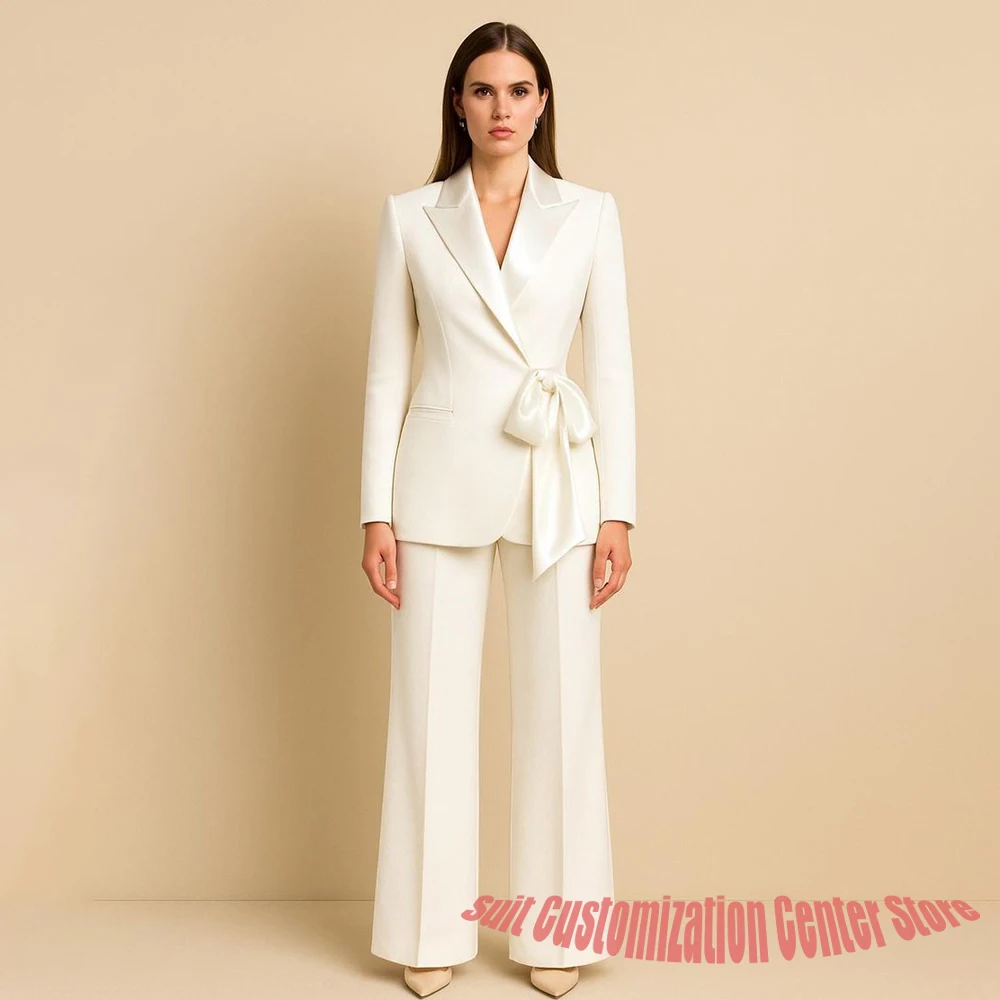 

Professional Women Clothes 2Piece(Jacket+Pants) Set with Stain Peaked Lapel & Bow Luxe Bridal Guest Evening Outfit