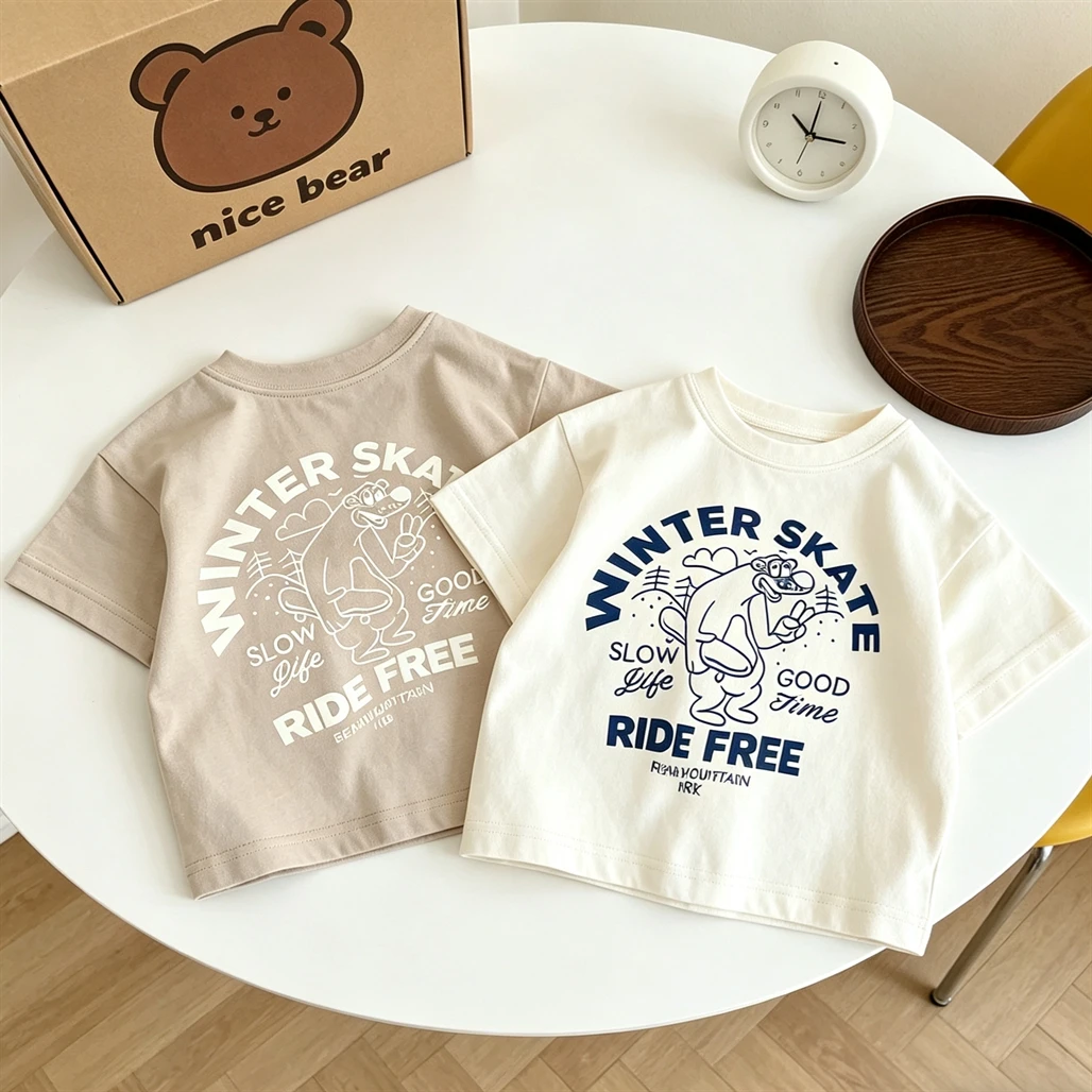 Cartoon TShirt Simple All-match Base Shirt Thin Crewneck Tops Kids New Design Tees Pure Cotton Clothing Toddler Short Sleeve