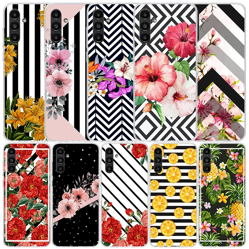 Black White Stripes Flower Phone Case For Samsung Galaxy A15 A14 A13 A12 A55 A54 A53 A52 A35 A34 A33 A32 A25 A24 A23 A22 A04S A0