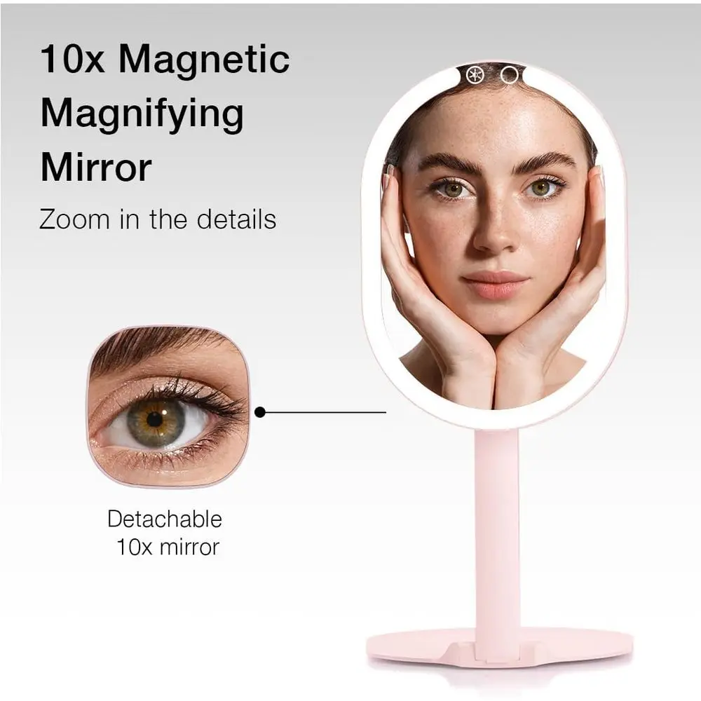 Portable LED Makeup Mirror with 3 Lighting Modes, 10x Magnifier, Foldable Vanity Mirror, 1500mAh Battery, Pink
