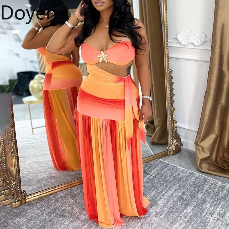 

Doyerl Gradient Print Festival Outfit Women Two Piece Set Holiday Beach Wear Strapless Crop Top and Long Skirt Matching Sets Y2K