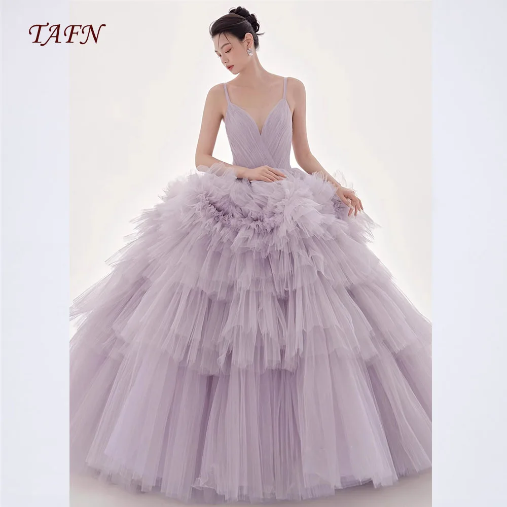 

TAFN Luxury Wedding Ball Gown Spaghetti Straps 웨딩촬영 드레스 Bridal Gown Photo Shoot Tiered Pleat Floor-Length Princess Wedding Dress